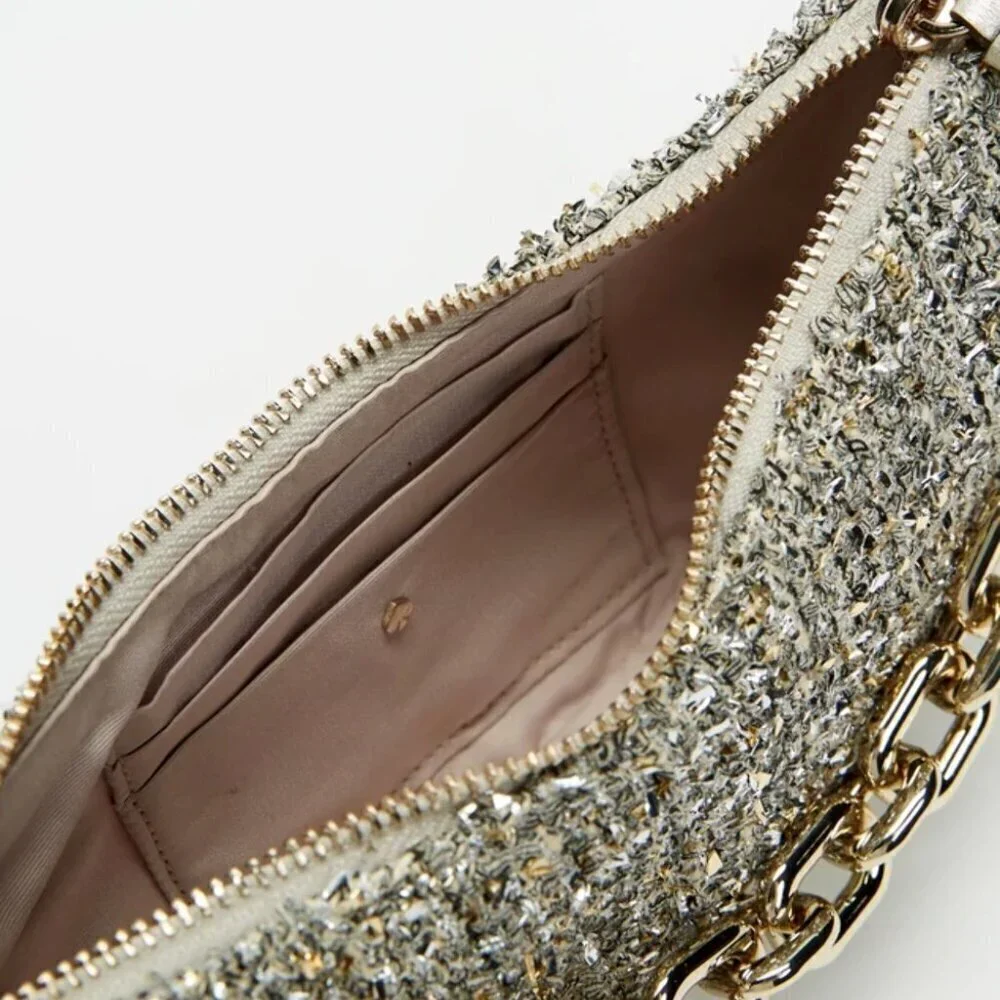 Kate Spade Smile Small Crossbody Silver Tweed Metallic Leather Chain Top Handle - Picture 8 of 12